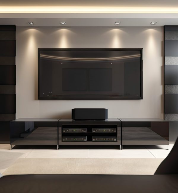 close-up of sleek and modern home theater system, with surround sound speakers and high-definition tv, created with generative ai